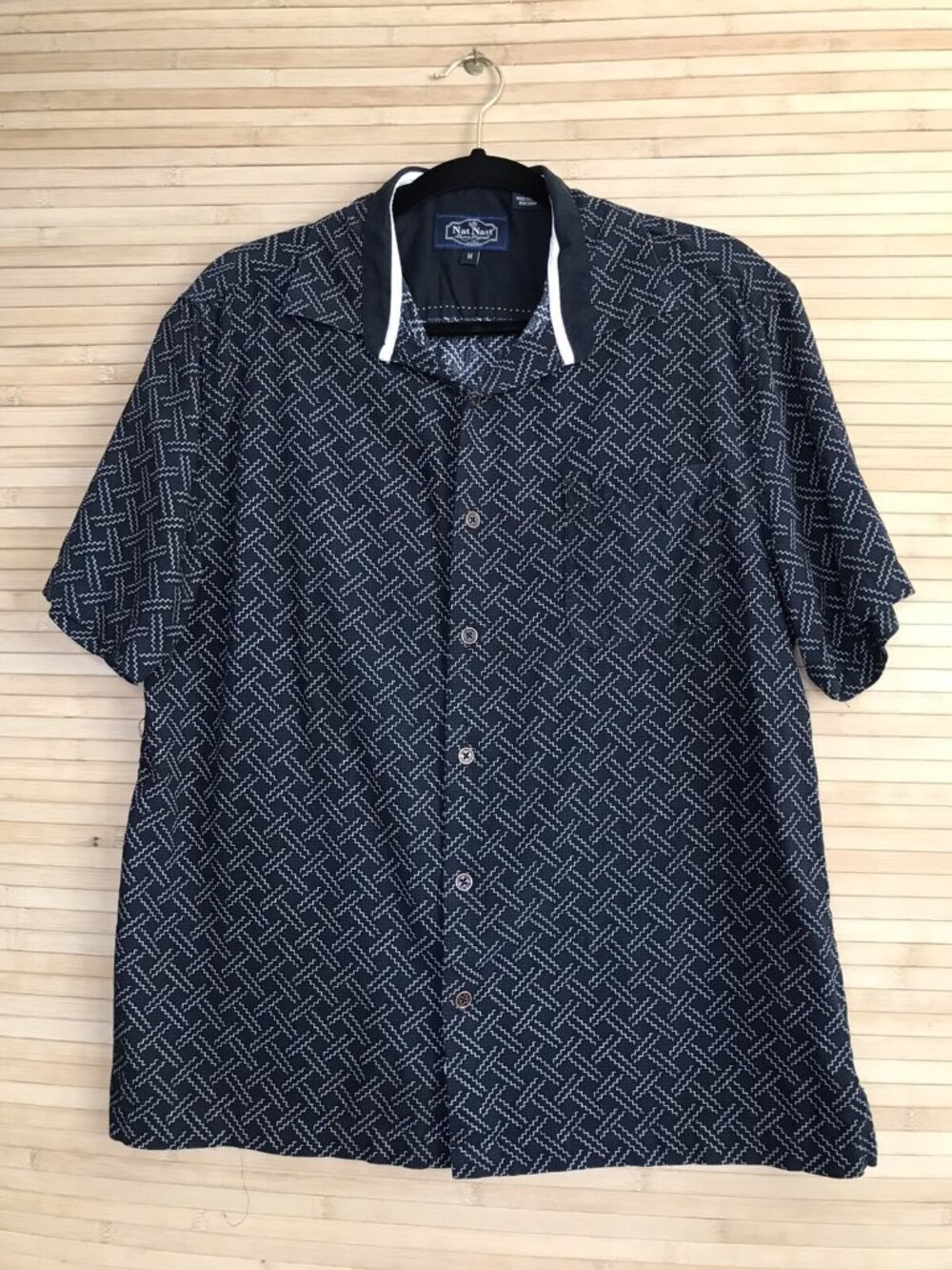 Nat Nast Mens M Short Sleeve Button-Front Silk Blend Blue Geometric Shirt